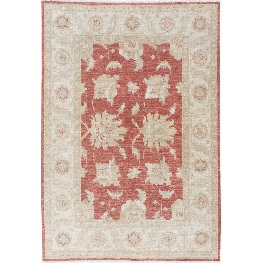 Decorative Hand Knotted Floral Turkish Area Rug with Red Field and Ivory Border | 100% Wool Decorative Hand Knotted Floral Turkish Area Rug with Red Field and Ivory Border | 100% Wool