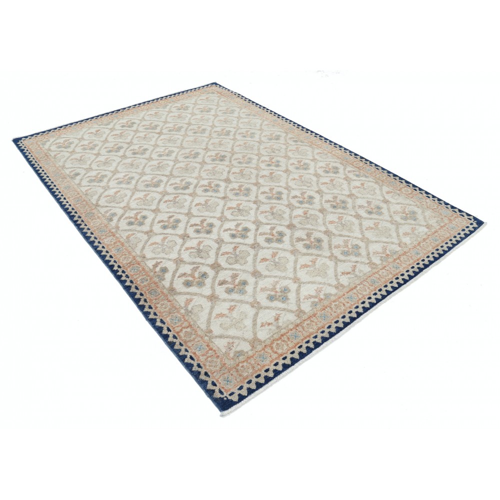 Hand Knotted Ivory, Navy Blue, Light Blue Wool Rug | Geometric Floral Pattern Carpet Hand Knotted Ivory, Navy Blue, Light Blue Wool Rug | Geometric Floral Pattern Carpet