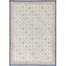 Hand Knotted Ivory, Navy Blue, Light Blue Wool Rug | Geometric Floral Pattern Carpet