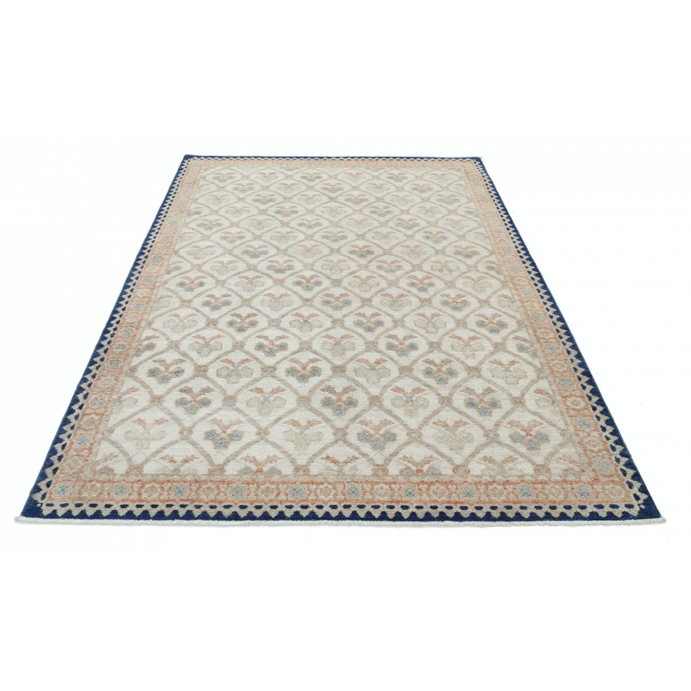Hand Knotted Ivory, Navy Blue, Light Blue Wool Rug | Geometric Floral Pattern Carpet Hand Knotted Ivory, Navy Blue, Light Blue Wool Rug | Geometric Floral Pattern Carpet