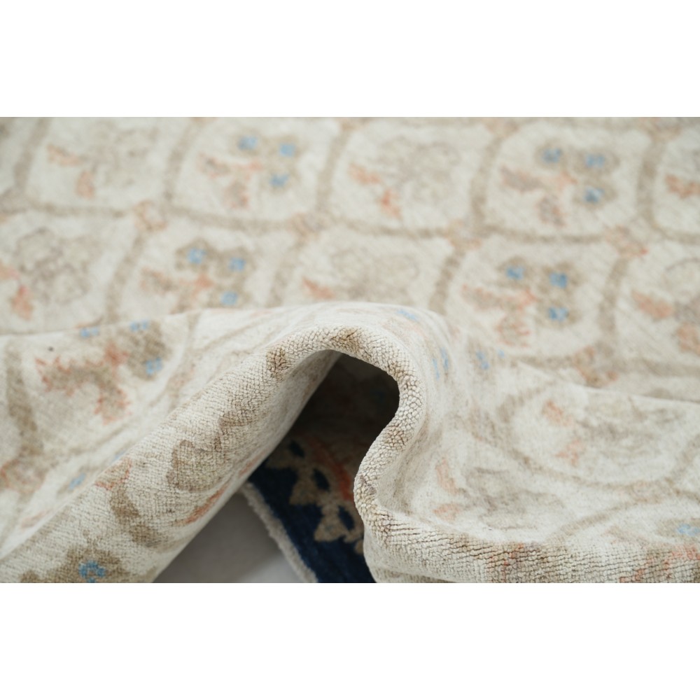 Hand Knotted Ivory, Navy Blue, Light Blue Wool Rug | Geometric Floral Pattern Carpet Hand Knotted Ivory, Navy Blue, Light Blue Wool Rug | Geometric Floral Pattern Carpet