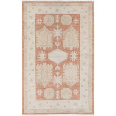 Hand Knotted Beige, Red Wool Area Rug | Turkish Tribal Motif Accent Rug