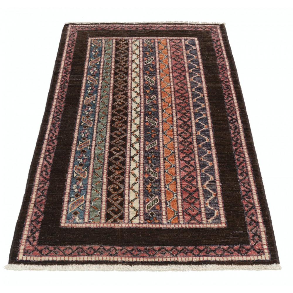 Colorful Hand Knotted Oushak Style Wool Area Rug | Turkish Stripe Motif Accent Rug Colorful Hand Knotted Oushak Style Wool Area Rug | Turkish Stripe Motif Accent Rug