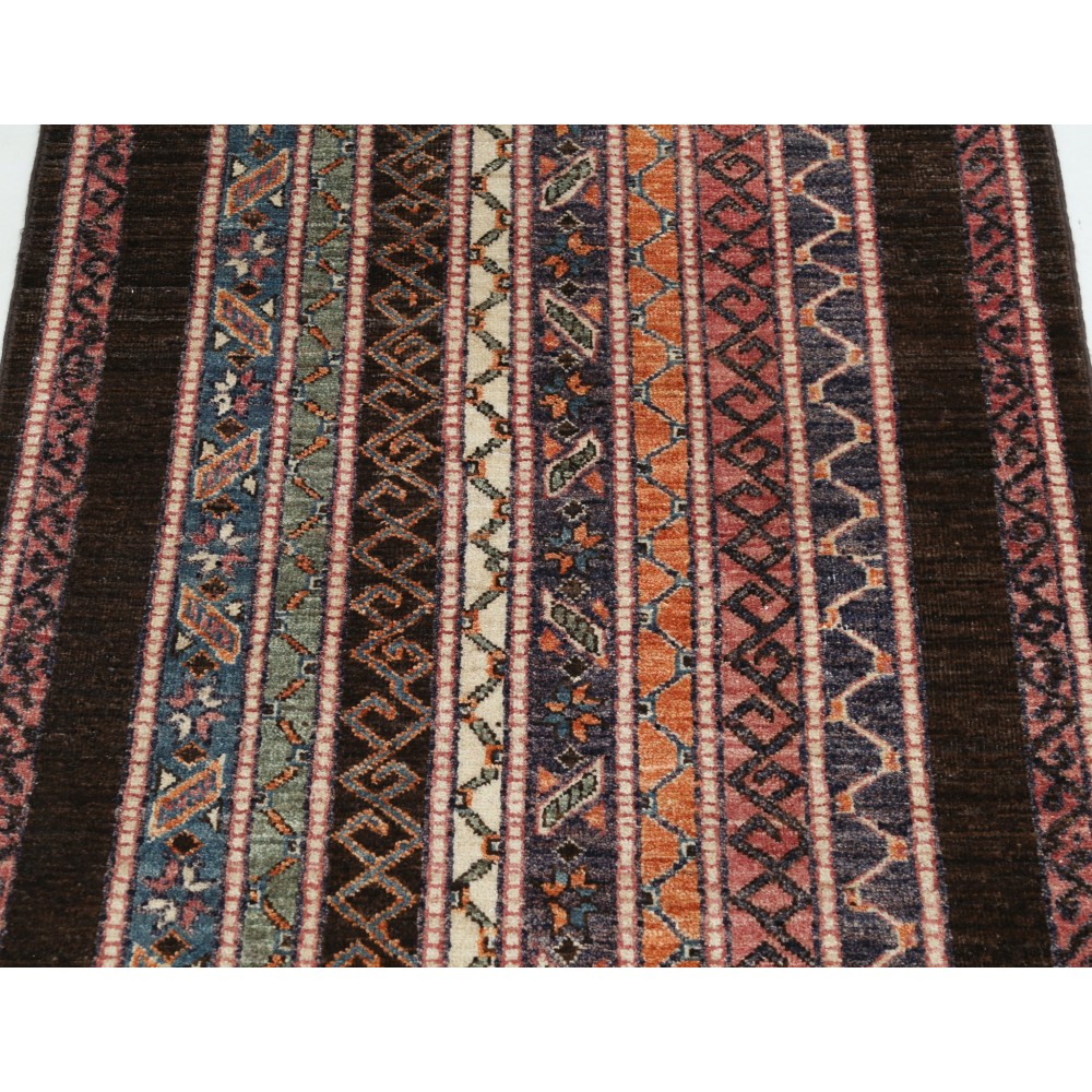 Colorful Hand Knotted Oushak Style Wool Area Rug | Turkish Stripe Motif Accent Rug Colorful Hand Knotted Oushak Style Wool Area Rug | Turkish Stripe Motif Accent Rug