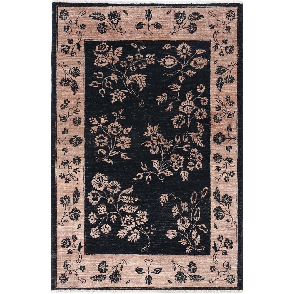 Hand Knotted Black, Blush Wool Area Rug | Oushak Style Floral Motif Accent Rug Hand Knotted Black, Blush Wool Area Rug | Oushak Style Floral Motif Accent Rug