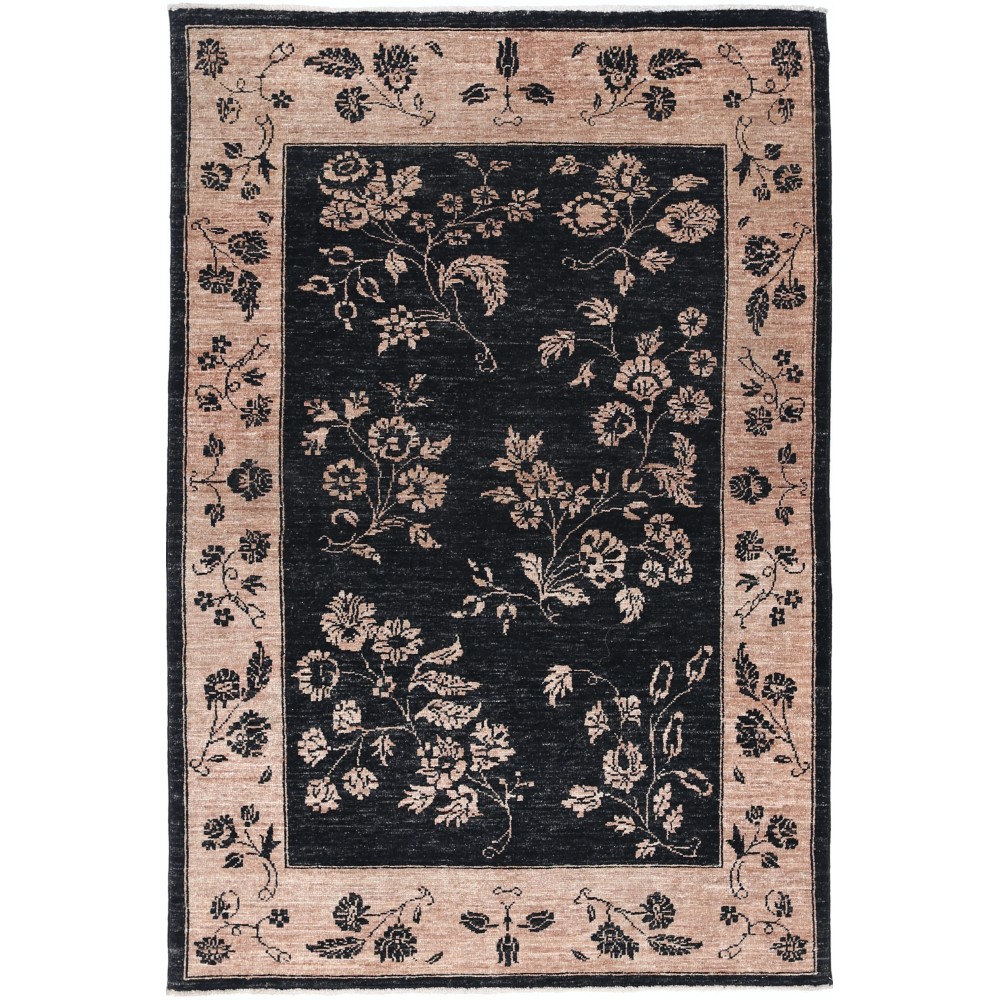 Hand Knotted Black, Blush Wool Area Rug | Turkish Floral Motif Accent Rug Hand Knotted Black, Blush Wool Area Rug | Turkish Floral Motif Accent Rug