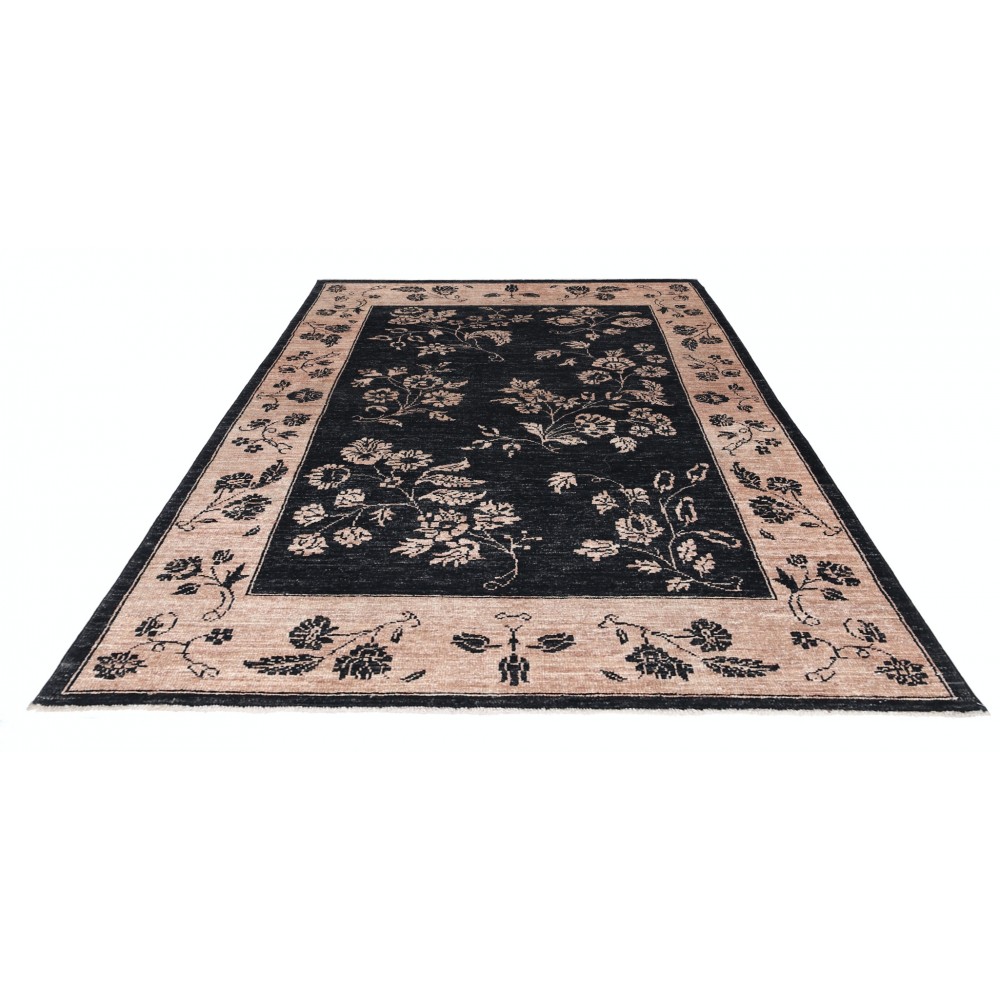 Hand Knotted Black, Blush Wool Area Rug | Turkish Floral Motif Accent Rug Hand Knotted Black, Blush Wool Area Rug | Turkish Floral Motif Accent Rug