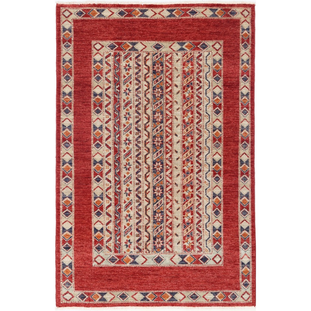 Hand Knotted Red, Ivory, Navy Blue, Orange Wool Area Rug | Tribal style Turkish Geometric Motif Accent Rug Hand Knotted Red, Ivory, Navy Blue, Orange Wool Area Rug | Tribal style Turkish Geometric Motif Accent Rug