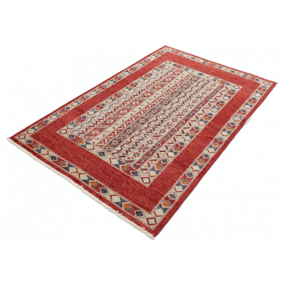 Hand Knotted Red, Ivory, Navy Blue, Orange Wool Area Rug | Tribal style Turkish Geometric Motif Accent Rug Hand Knotted Red, Ivory, Navy Blue, Orange Wool Area Rug | Tribal style Turkish Geometric Motif Accent Rug