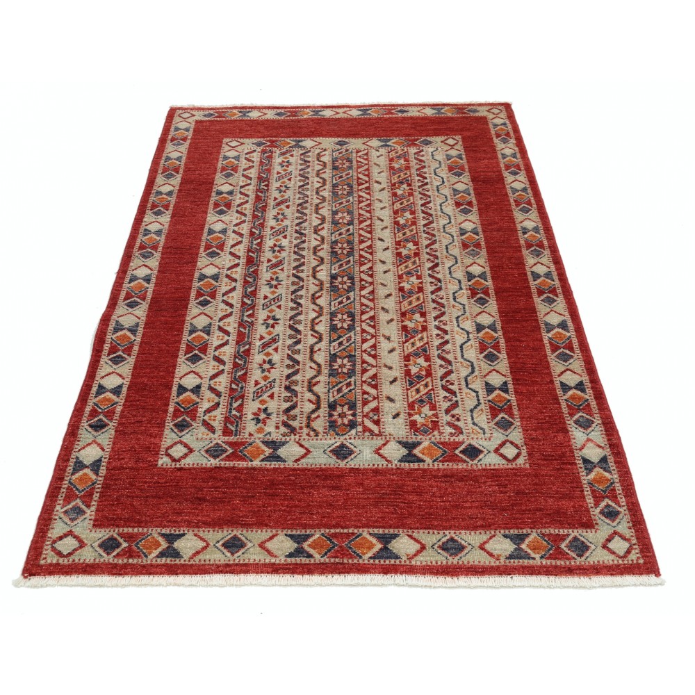 Hand Knotted Red, Ivory, Navy Blue, Orange Wool Area Rug | Tribal style Turkish Geometric Motif Accent Rug Hand Knotted Red, Ivory, Navy Blue, Orange Wool Area Rug | Tribal style Turkish Geometric Motif Accent Rug