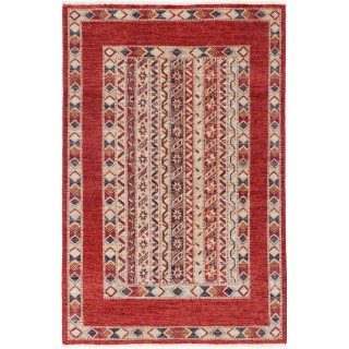 Hand Knotted Red, Ivory, Navy Blue, Orange Wool Area Rug | Tribal style Turkish Geometric Motif Accent Rug