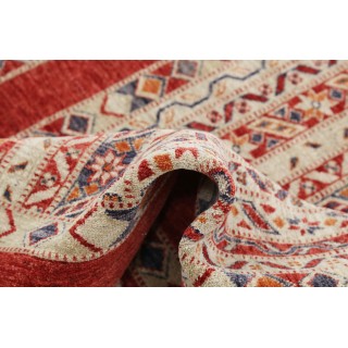 Hand Knotted Red, Ivory, Navy Blue, Orange Wool Area Rug | Tribal style Turkish Geometric Motif Accent Rug