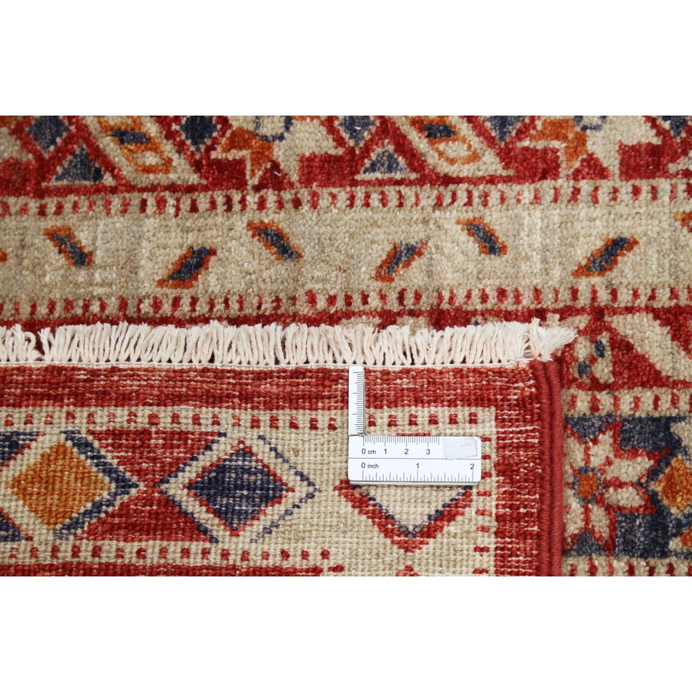 Hand Knotted Red, Ivory, Navy Blue, Orange Wool Area Rug | Tribal style Turkish Geometric Motif Accent Rug Hand Knotted Red, Ivory, Navy Blue, Orange Wool Area Rug | Tribal style Turkish Geometric Motif Accent Rug