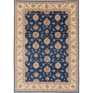 Hand Knotted Navy Blue Rug, Ivory Border Wool Area Rug, Traditional Floral Carpet