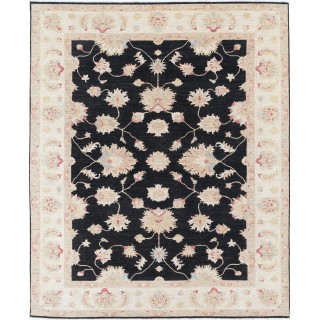 Hand Knotted Floral Turkish Area Rug with Black Field and Ivory Border | 100% Wool Carpet