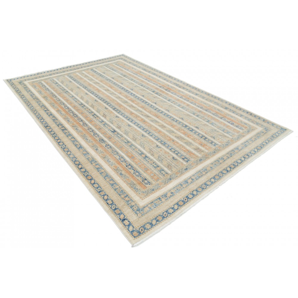 Hand Knotted Ivory, Light Blue, Beige Wool Large Area Rug | Turkish Striped Geometric Carpet
