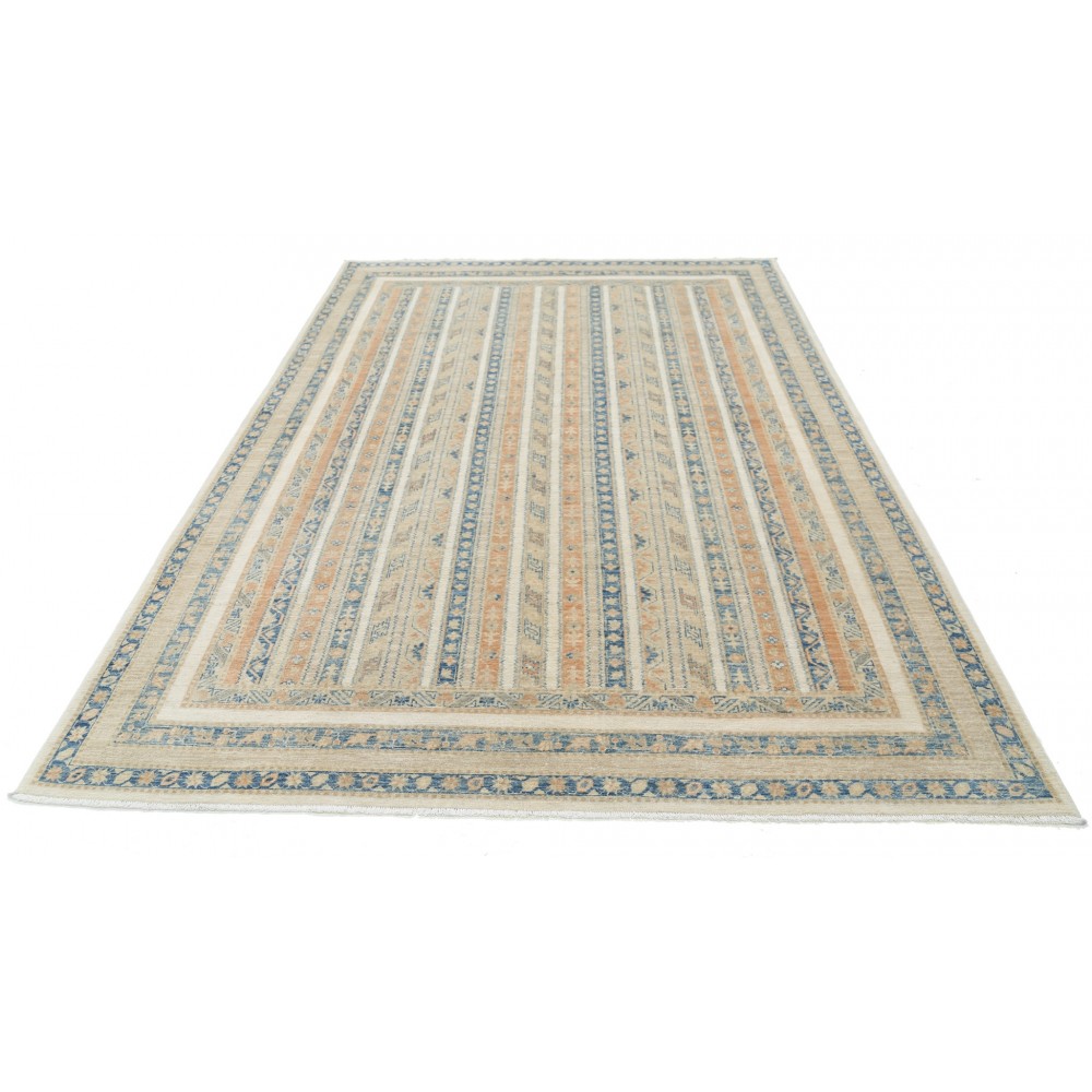 Hand Knotted Ivory, Light Blue, Beige Wool Large Area Rug | Turkish Striped Geometric Carpet
