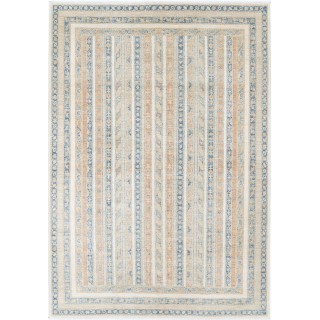 Hand Knotted Ivory, Light Blue, Beige Wool Large Area Rug | Turkish Striped Geometric Carpet