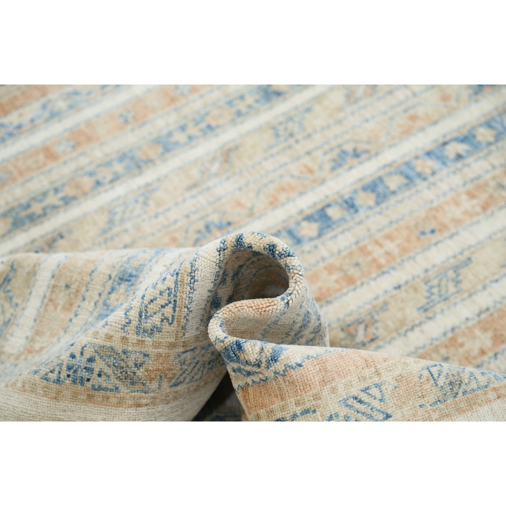 Hand Knotted Ivory, Light Blue, Beige Wool Large Area Rug | Turkish Striped Geometric Carpet