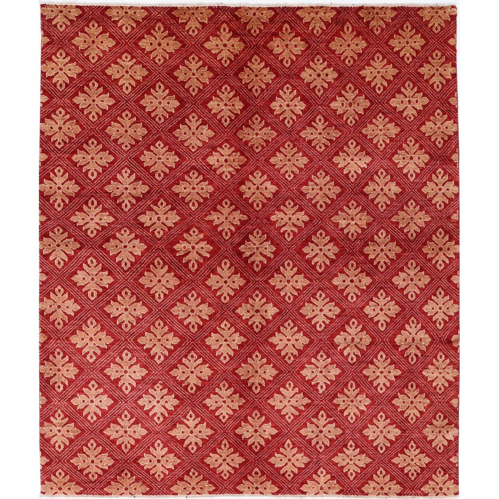 Hand Knotted Red and Beige Wool Area Rug | Turkish Repeating Geometric Design Carpet Hand Knotted Red and Beige Wool Area Rug | Turkish Repeating Geometric Design Carpet
