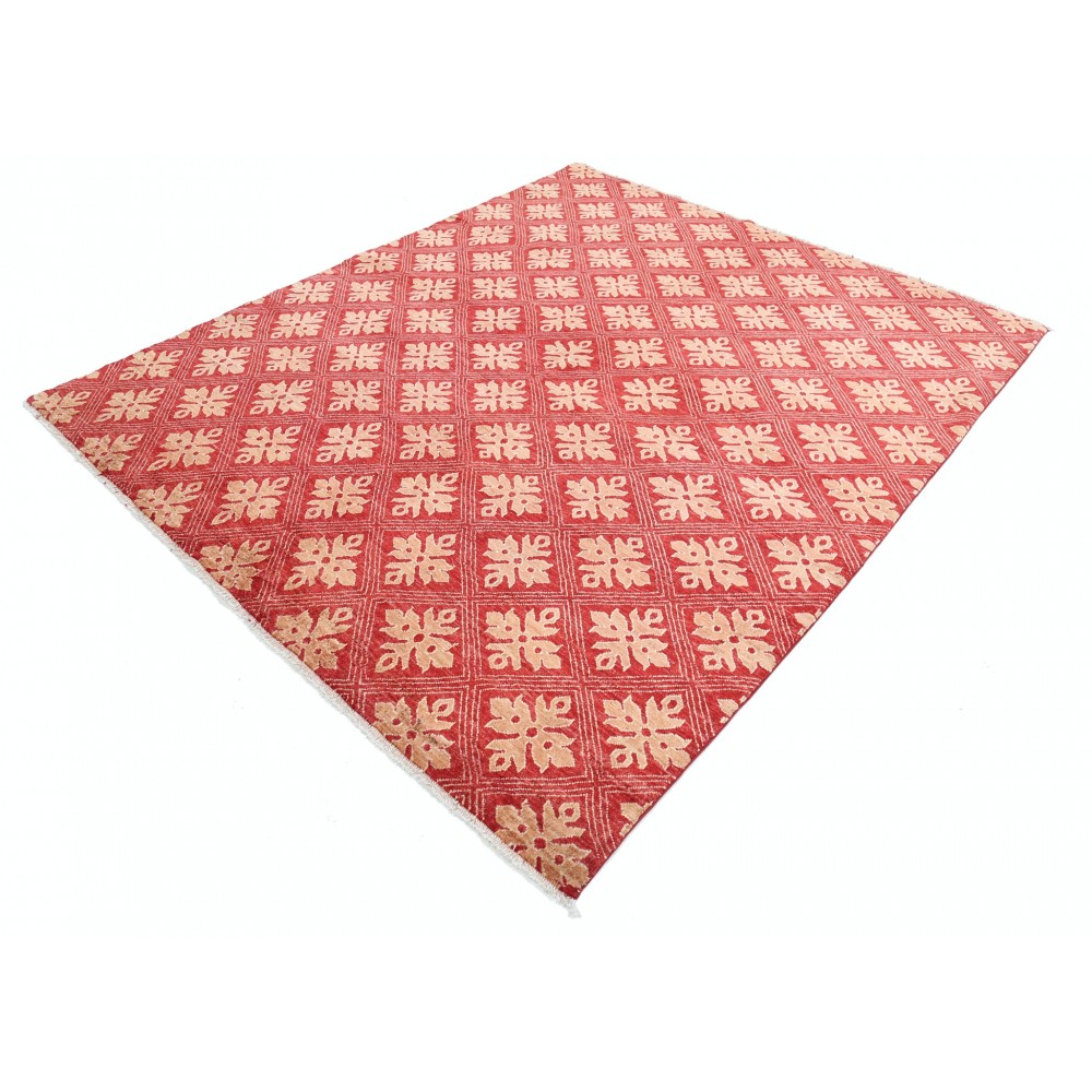 Hand Knotted Red and Beige Wool Area Rug | Turkish Repeating Geometric Design Carpet Hand Knotted Red and Beige Wool Area Rug | Turkish Repeating Geometric Design Carpet