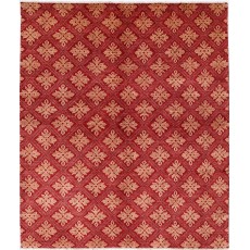 Hand Knotted Red and Beige Wool Area Rug | Turkish Repeating Geometric Design Carpet