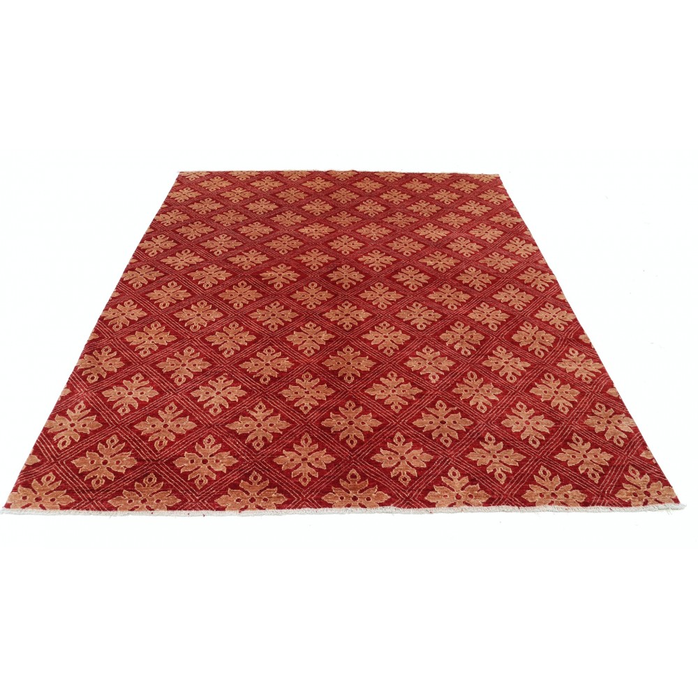 Hand Knotted Red and Beige Wool Area Rug | Turkish Repeating Geometric Design Carpet Hand Knotted Red and Beige Wool Area Rug | Turkish Repeating Geometric Design Carpet