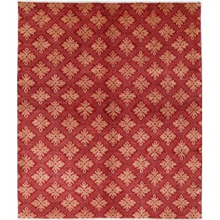 Hand Knotted Red and Beige Wool Area Rug | Turkish Repeating Geometric Design Carpet