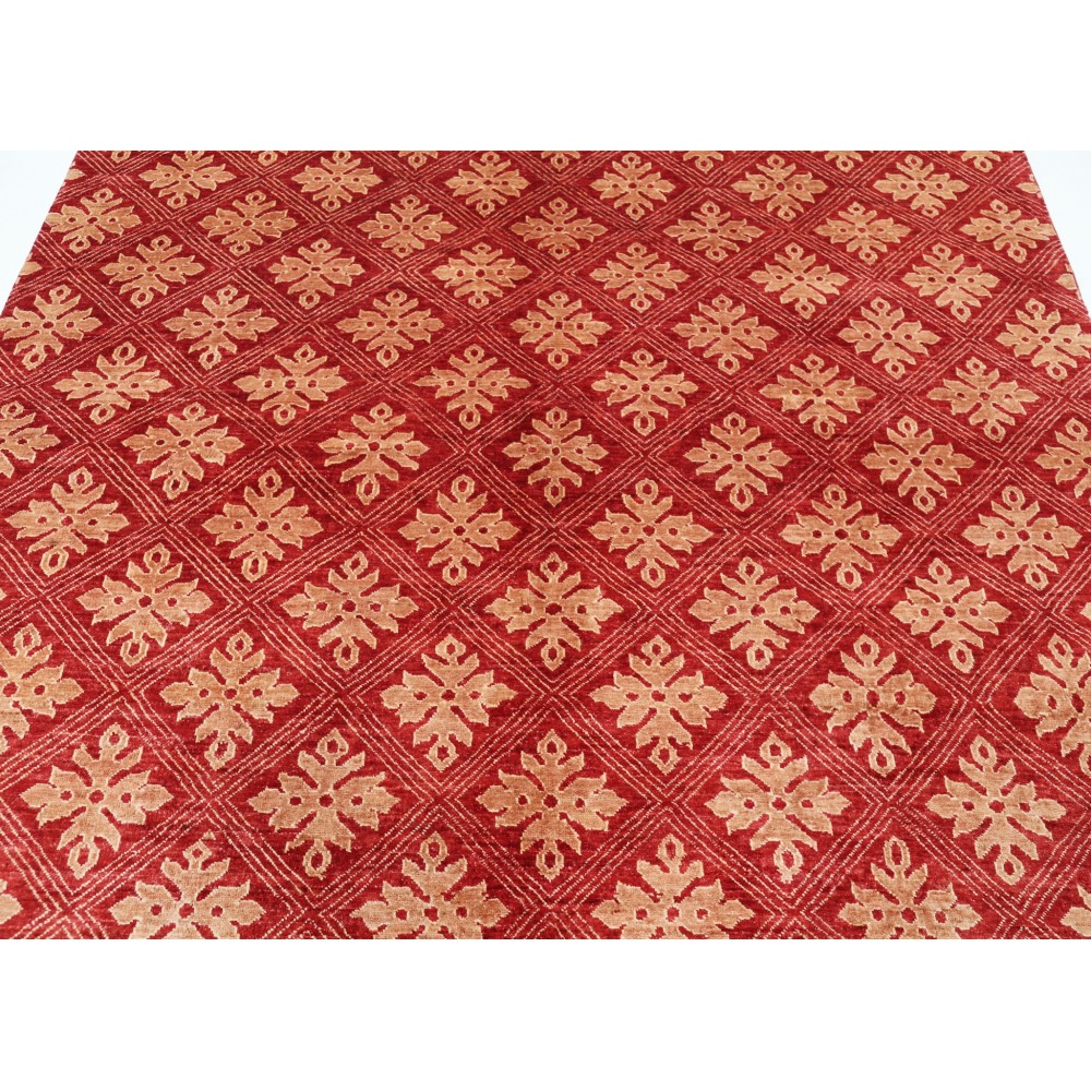 Hand Knotted Red and Beige Wool Area Rug | Turkish Repeating Geometric Design Carpet Hand Knotted Red and Beige Wool Area Rug | Turkish Repeating Geometric Design Carpet