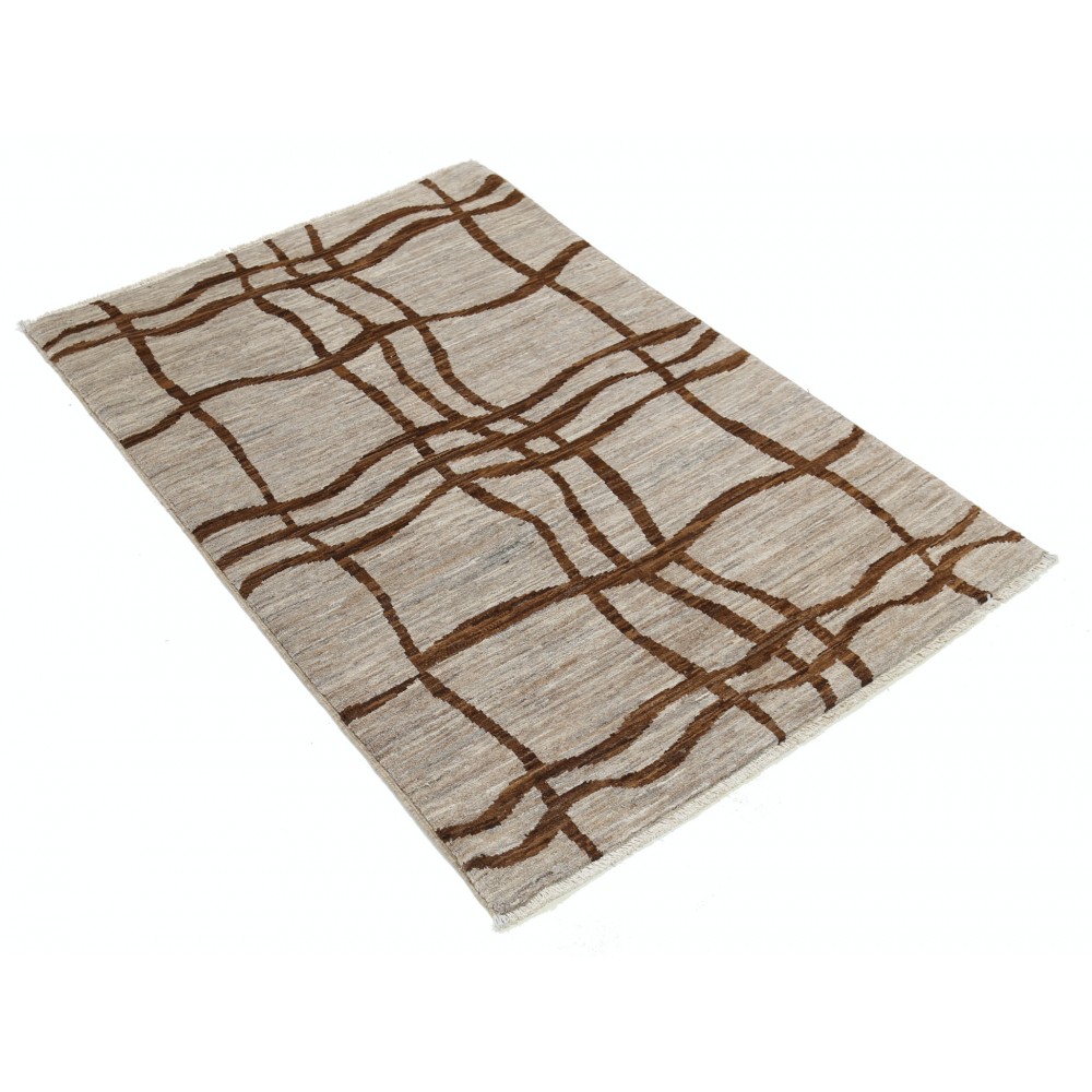 Hand Knotted Ivory and Brown Wool Area Rug | Abstract Linear Small Rug | 100% Wool Hand Knotted Ivory and Brown Wool Area Rug | Abstract Linear Small Rug | 100% Wool