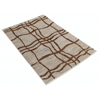 Hand Knotted Ivory and Brown Wool Area Rug | Abstract Linear Small Rug | 100% Wool