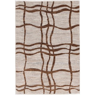 Hand Knotted Ivory and Brown Wool Area Rug | Abstract Linear Small Rug | 100% Wool