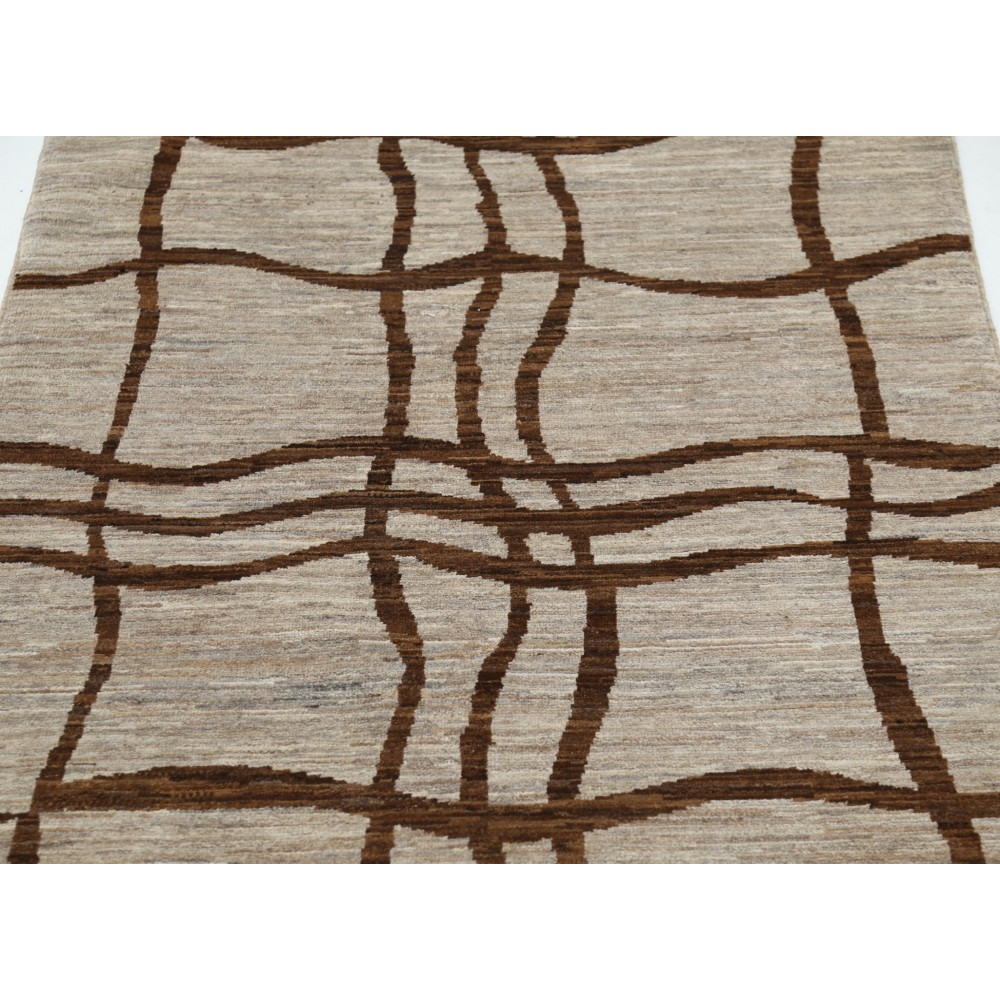 Hand Knotted Ivory and Brown Wool Area Rug | Abstract Linear Small Rug | 100% Wool Hand Knotted Ivory and Brown Wool Area Rug | Abstract Linear Small Rug | 100% Wool