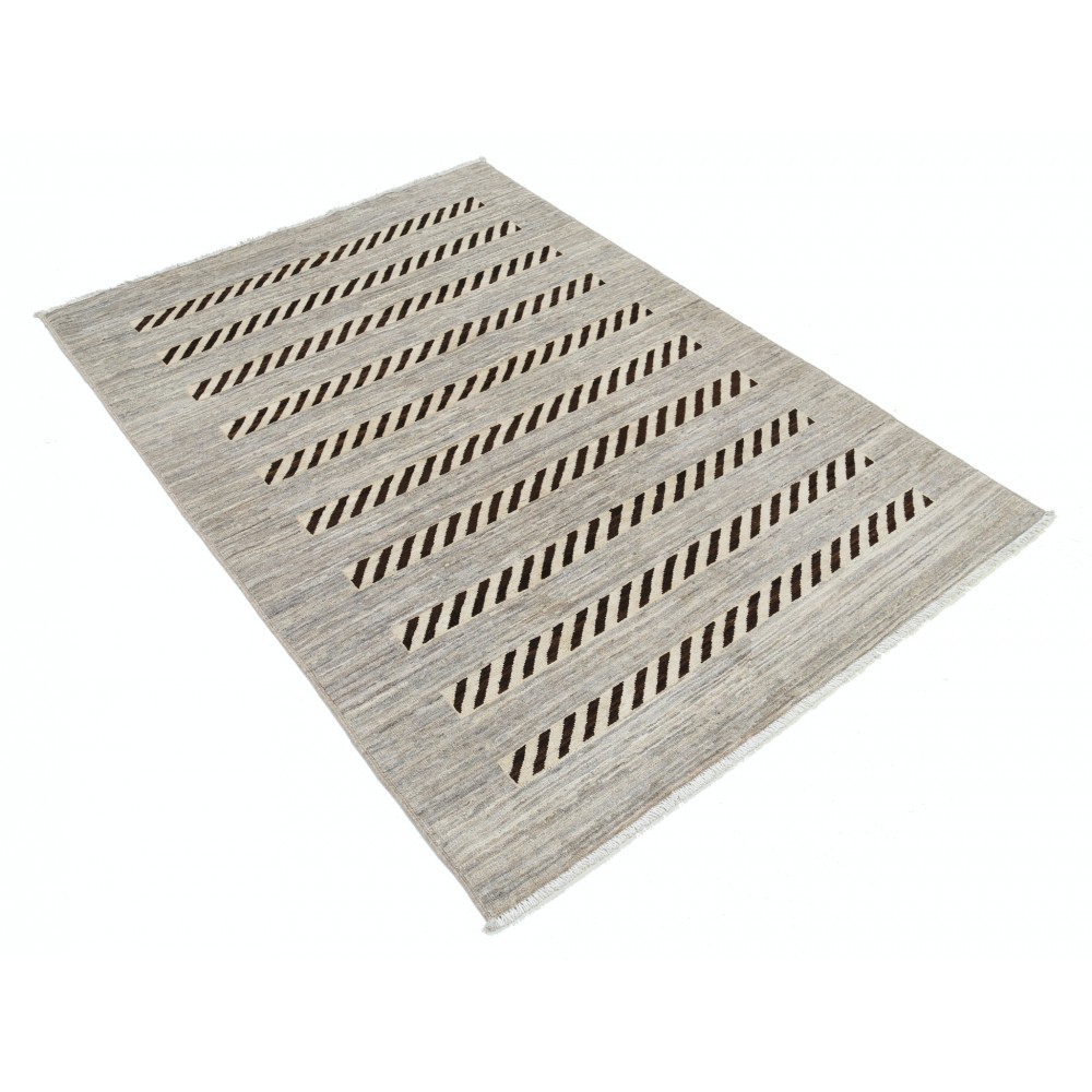 Hand Knotted Ivory and Brown Wool Area Rug | Striped Geometric Accent Rug Hand Knotted Ivory and Brown Wool Area Rug | Striped Geometric Accent Rug