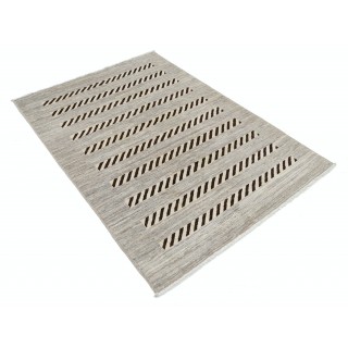 Hand Knotted Ivory and Brown Wool Area Rug | Striped Geometric Accent Rug