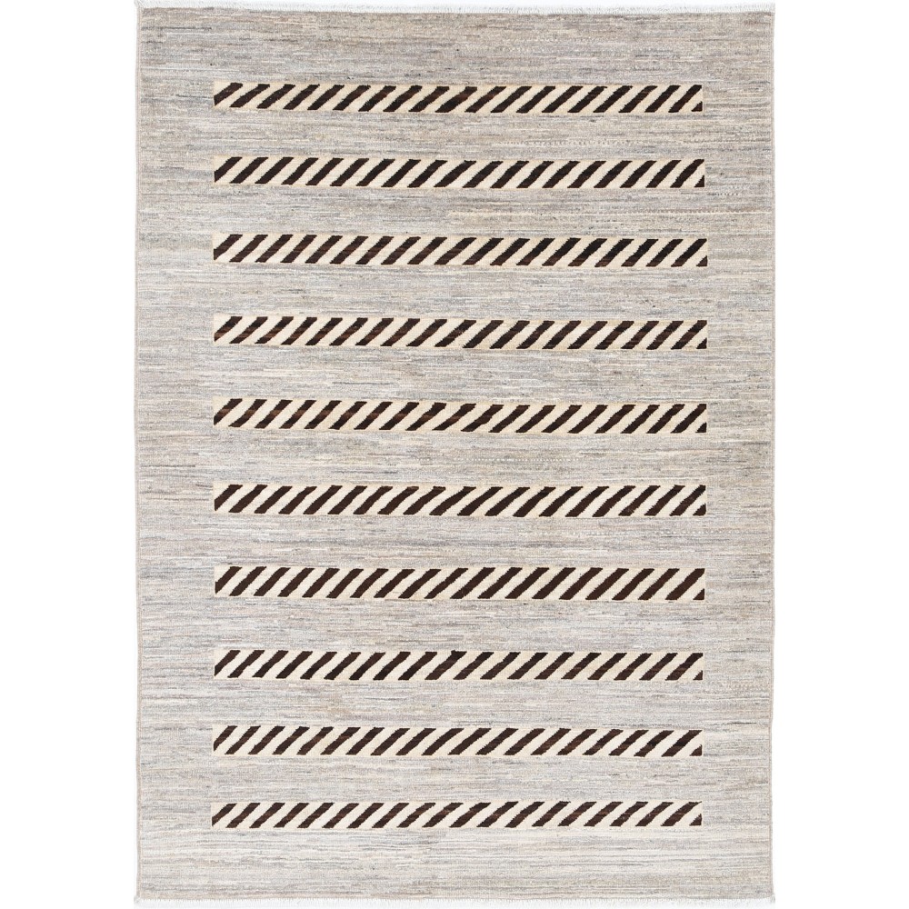 Hand Knotted Ivory and Brown Wool Area Rug | Striped Geometric Accent Rug Hand Knotted Ivory and Brown Wool Area Rug | Striped Geometric Accent Rug