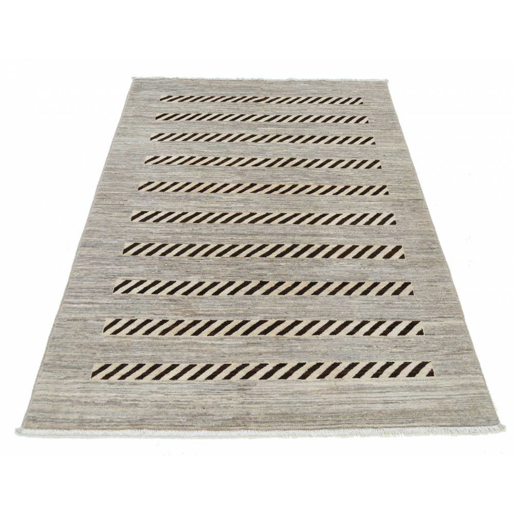 Hand Knotted Ivory and Brown Wool Area Rug | Striped Geometric Accent Rug Hand Knotted Ivory and Brown Wool Area Rug | Striped Geometric Accent Rug