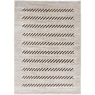Hand Knotted Ivory and Brown Wool Area Rug | Striped Geometric Accent Rug