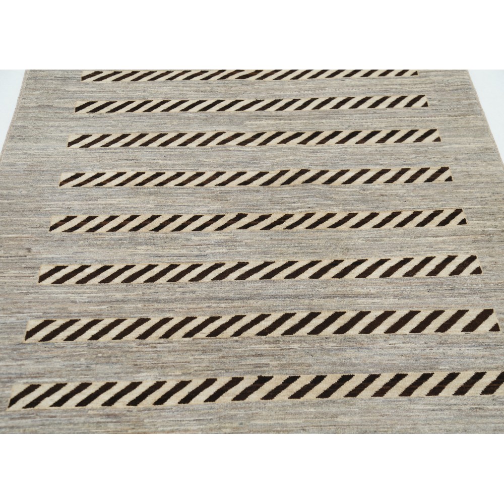 Hand Knotted Ivory and Brown Wool Area Rug | Striped Geometric Accent Rug Hand Knotted Ivory and Brown Wool Area Rug | Striped Geometric Accent Rug
