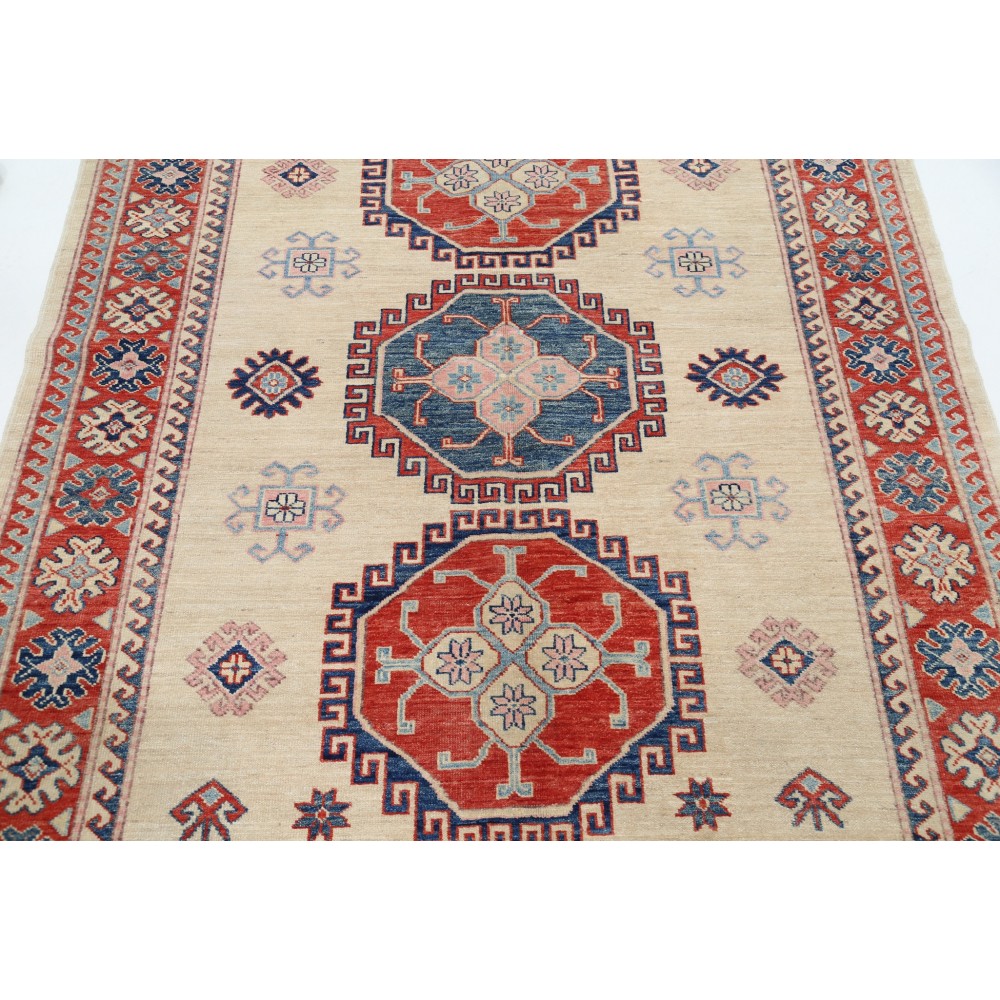 Hand Knotted Beige, Red and Blue Wool Area Rug | Tribal Medallion Accent Rug Hand Knotted Beige, Red and Blue Wool Area Rug | Tribal Medallion Accent Rug