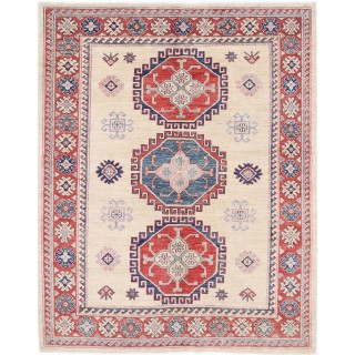 Hand Knotted Beige, Red and Blue Wool Area Rug | Tribal Medallion Accent Rug