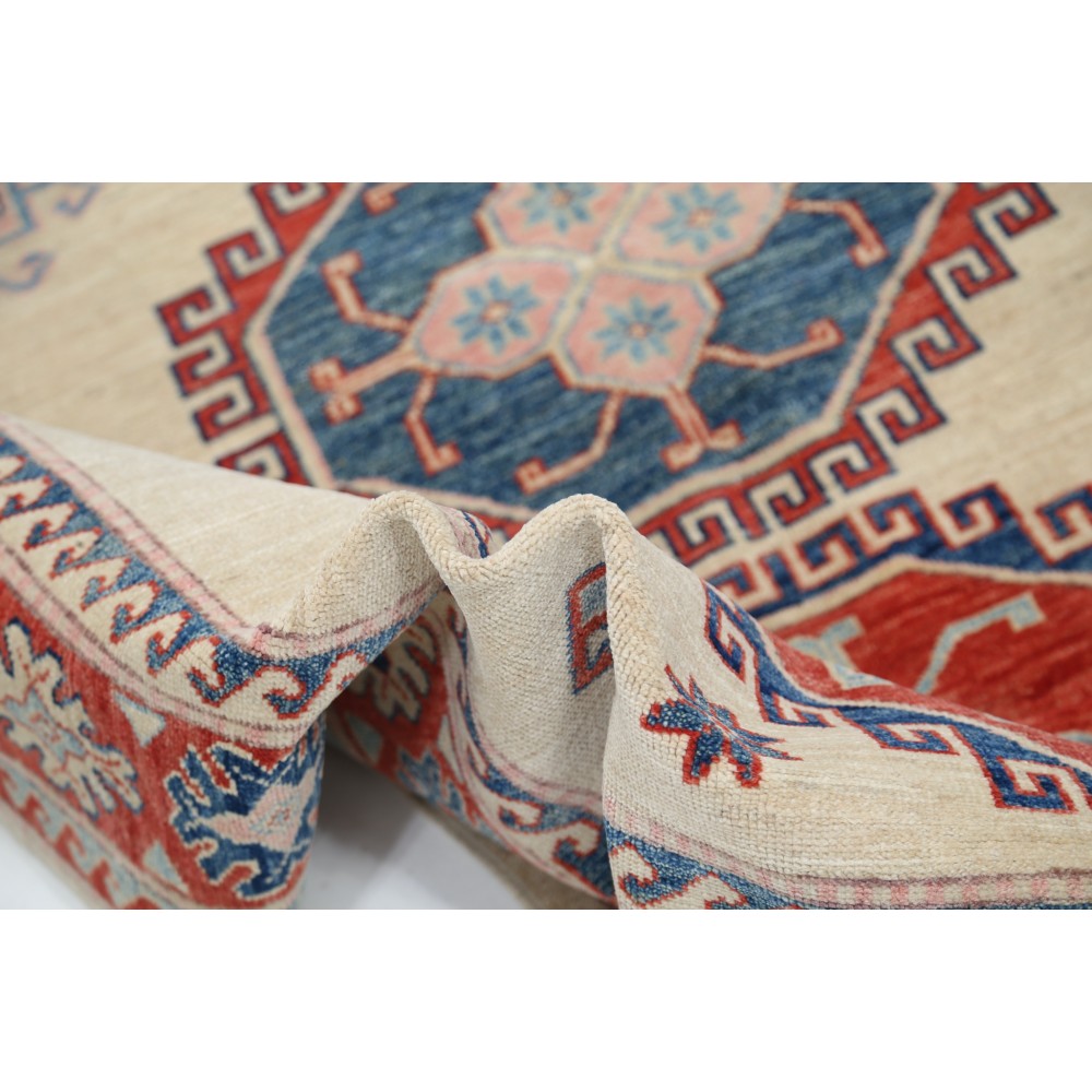 Hand Knotted Beige, Red and Blue Wool Area Rug | Tribal Medallion Accent Rug Hand Knotted Beige, Red and Blue Wool Area Rug | Tribal Medallion Accent Rug
