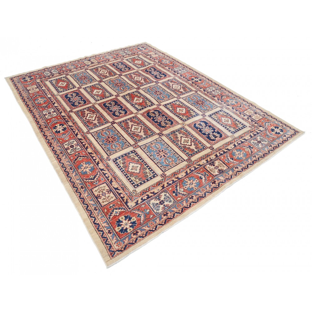 Hand Knotted Red, Light Blue and Ivory Wool Area Rug | Turkish Panel Geometric Design Carpet Hand Knotted Red, Light Blue and Ivory Wool Area Rug | Turkish Panel Geometric Design Carpet