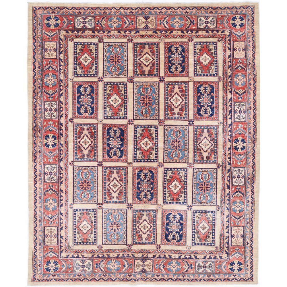 Hand Knotted Red, Light Blue and Ivory Wool Area Rug | Turkish Panel Geometric Design Carpet Hand Knotted Red, Light Blue and Ivory Wool Area Rug | Turkish Panel Geometric Design Carpet