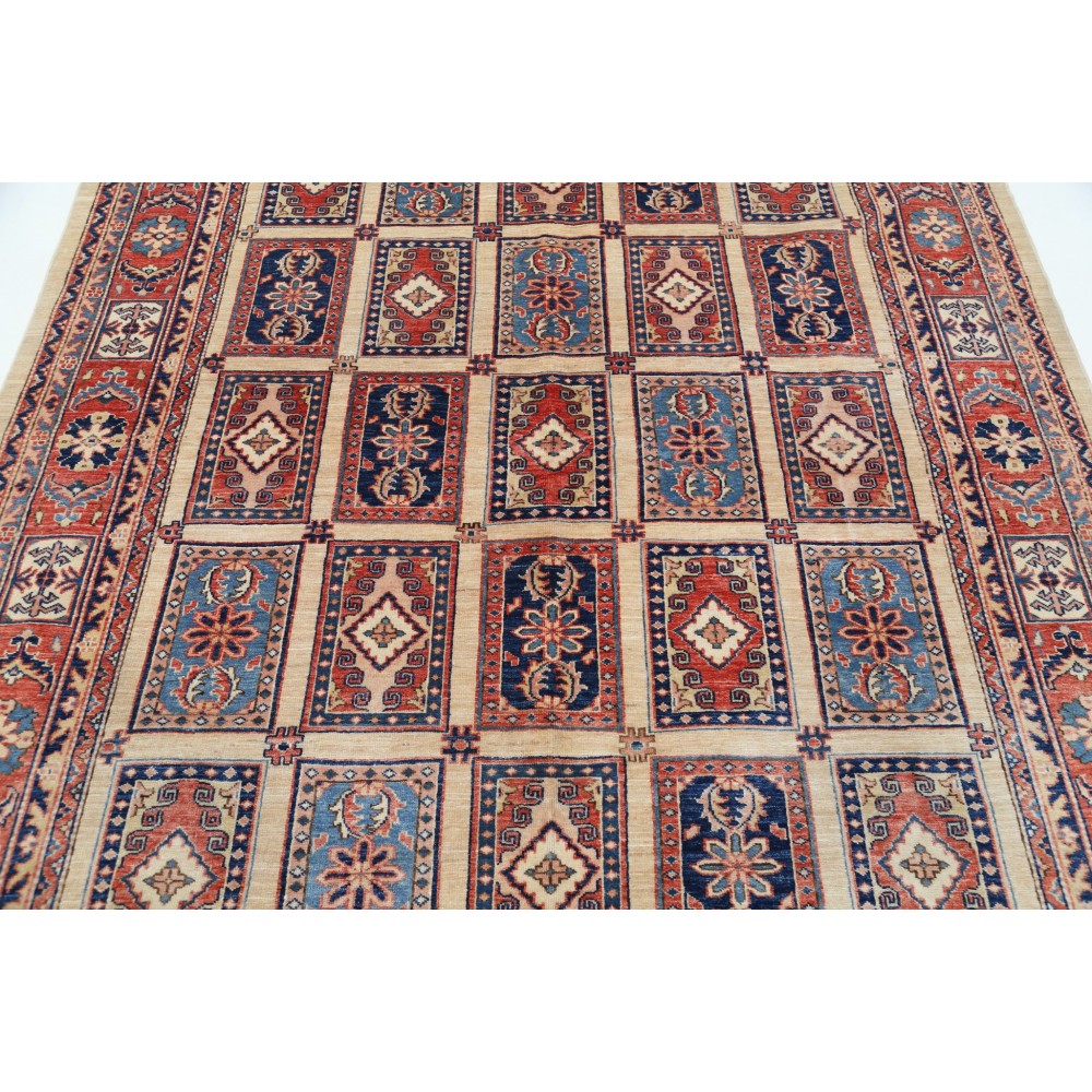 Hand Knotted Red, Light Blue and Ivory Wool Area Rug | Turkish Panel Geometric Design Carpet Hand Knotted Red, Light Blue and Ivory Wool Area Rug | Turkish Panel Geometric Design Carpet