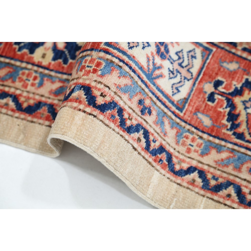 Hand Knotted Red, Light Blue and Ivory Wool Area Rug | Turkish Panel Geometric Design Carpet Hand Knotted Red, Light Blue and Ivory Wool Area Rug | Turkish Panel Geometric Design Carpet