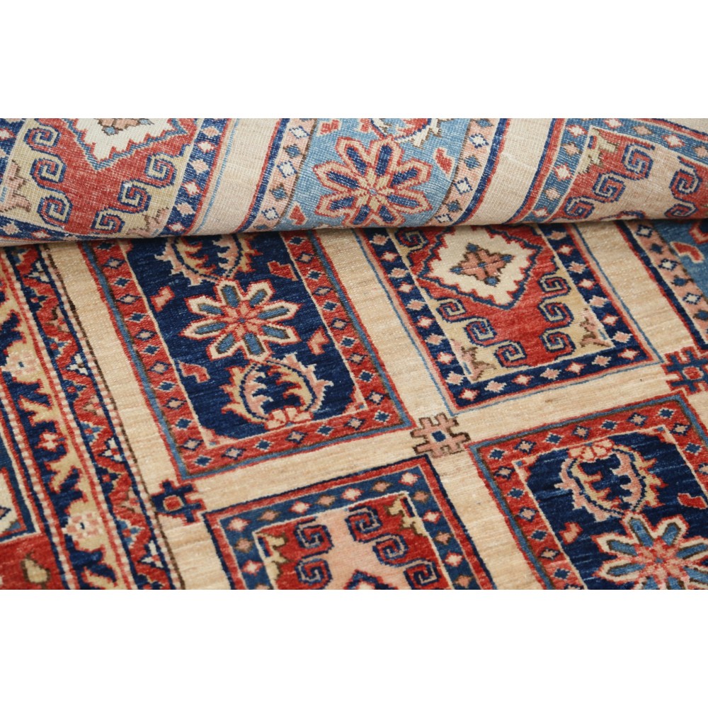 Hand Knotted Red, Light Blue and Ivory Wool Area Rug | Turkish Panel Geometric Design Carpet Hand Knotted Red, Light Blue and Ivory Wool Area Rug | Turkish Panel Geometric Design Carpet