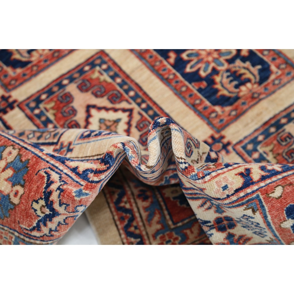 Hand Knotted Red, Light Blue and Ivory Wool Area Rug | Turkish Panel Geometric Design Carpet Hand Knotted Red, Light Blue and Ivory Wool Area Rug | Turkish Panel Geometric Design Carpet