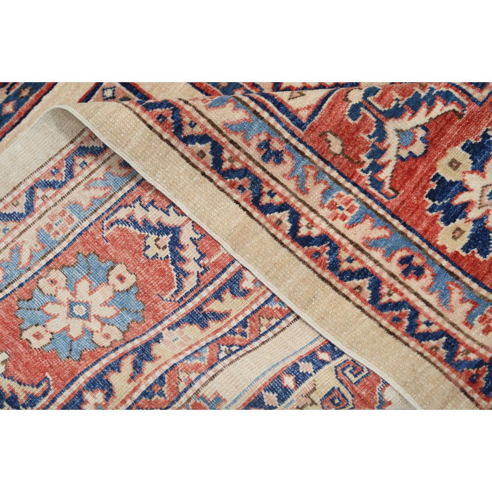 Hand Knotted Red, Light Blue and Ivory Wool Area Rug | Turkish Panel Geometric Design Carpet Hand Knotted Red, Light Blue and Ivory Wool Area Rug | Turkish Panel Geometric Design Carpet