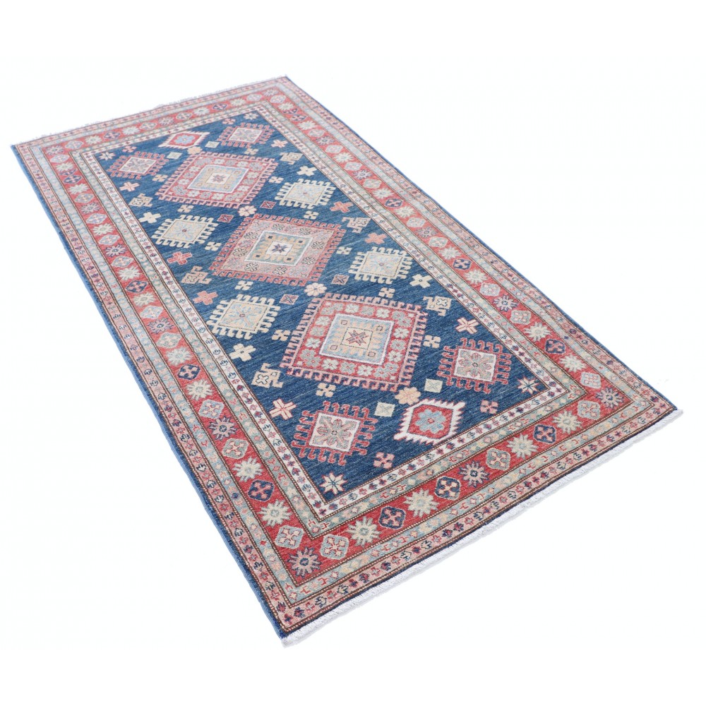 Hand Knotted Navy Blue, Red, Ivory Wool Area Rug | Turkish Geometric Design Rug